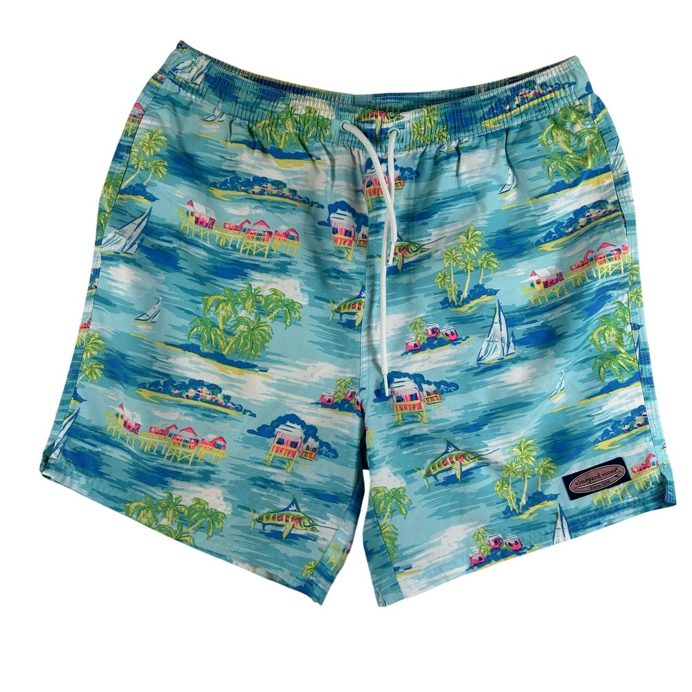 Vineyard Vines Swim Trunks‎ Mens Medium Blue Tropical Beach Print Mesh Lined